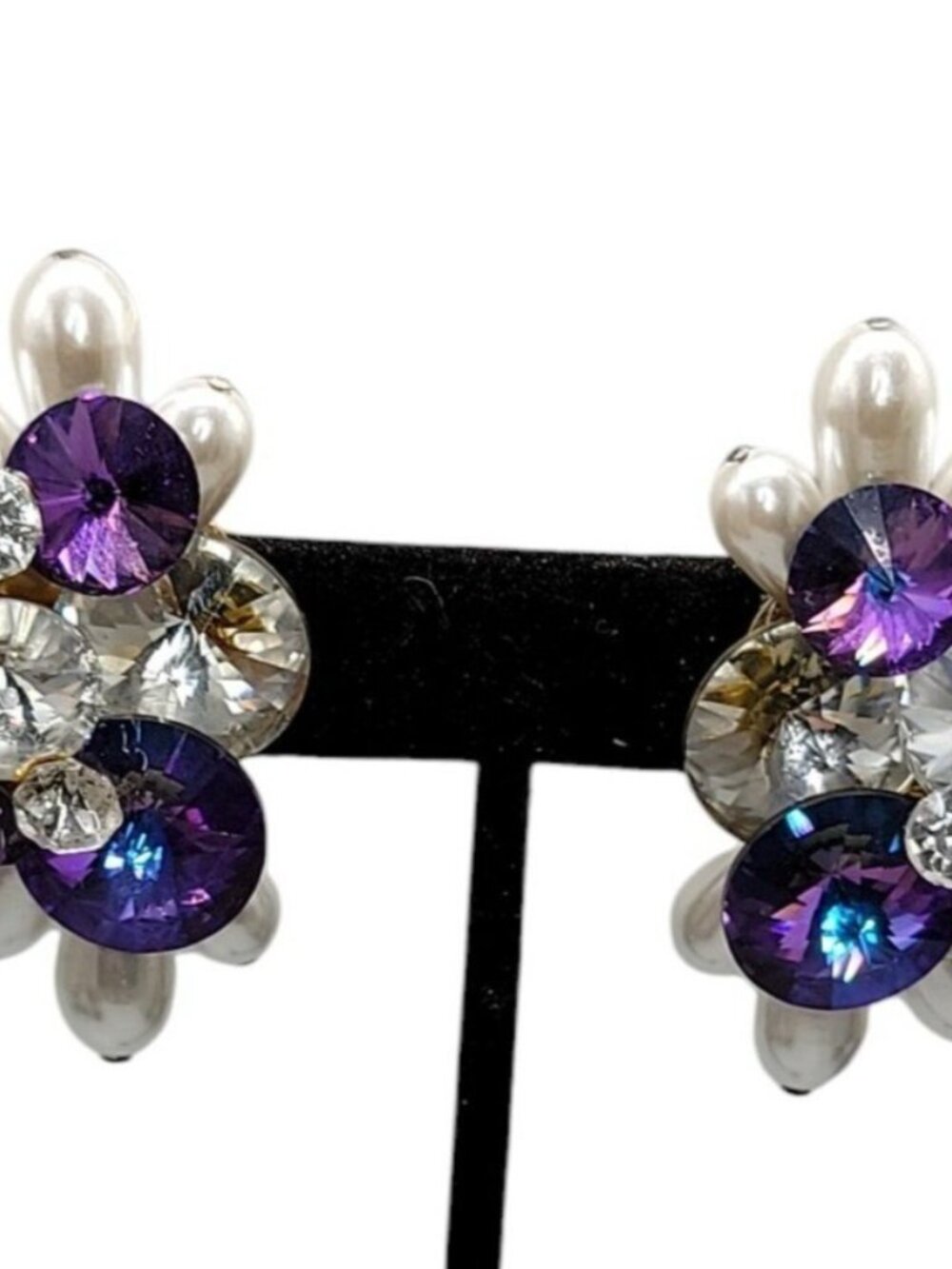 Vtg 1960s Cluster Clip On Earrings Purple Rivoli Rhinestone Faux Baroque Pearl - Picture 13 of 16